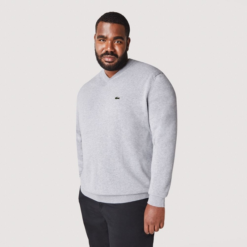 Men's Lacoste V-Neck Organic Cotton Sweater Grey Chine | TNJ072964