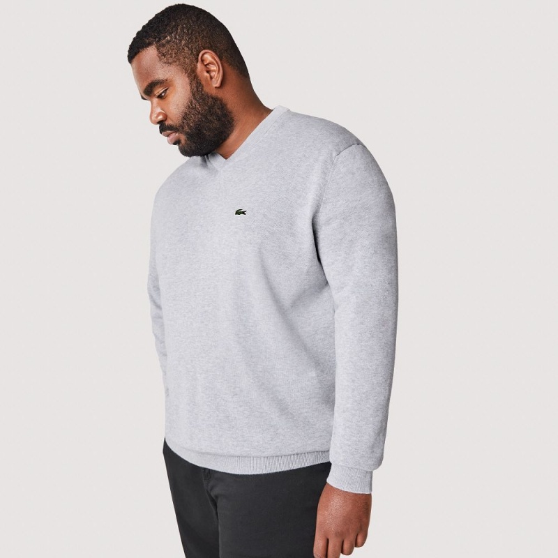 Men's Lacoste V-Neck Organic Cotton Sweater Grey Chine | TNJ072964