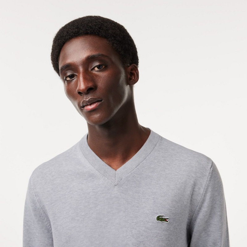 Men's Lacoste V-Neck Organic Cotton Sweater Grey Chine | TNJ072964