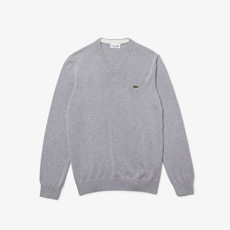 Men's Lacoste V-Neck Organic Cotton Sweater Grey Chine | TNJ072964