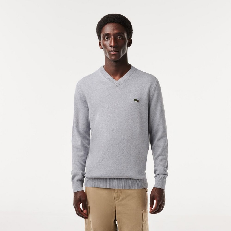 Men\'s Lacoste V-Neck Organic Cotton Sweater Grey Chine | TNJ072964