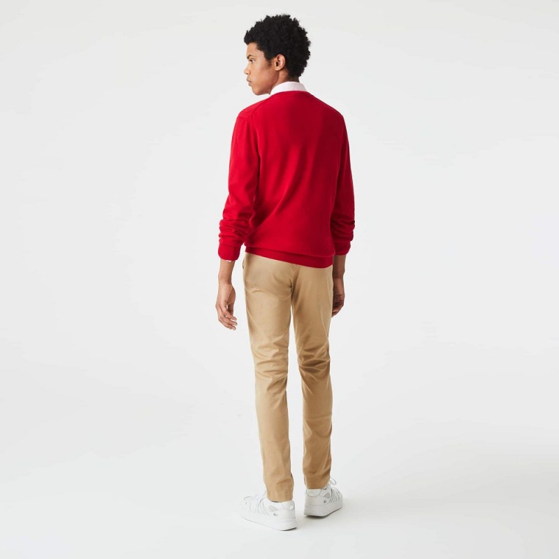 Men's Lacoste V-Neck Organic Cotton Sweater Red | OHN035968