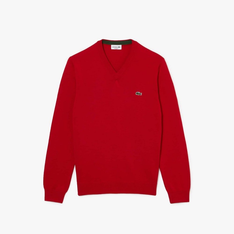 Men's Lacoste V-Neck Organic Cotton Sweater Red | OHN035968