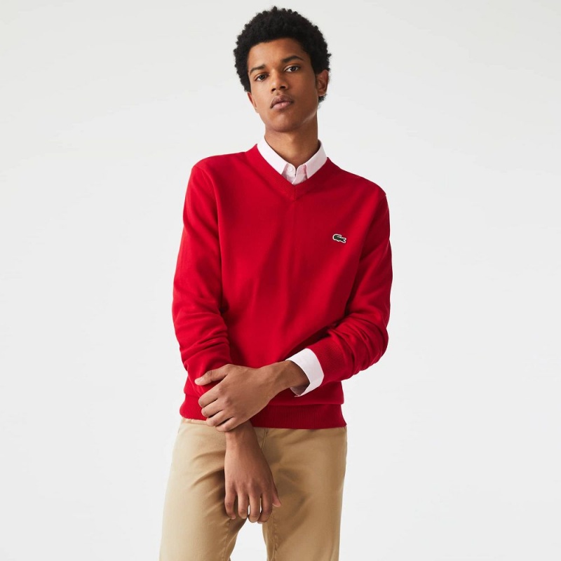 Men's Lacoste V-Neck Organic Cotton Sweater Red | OHN035968