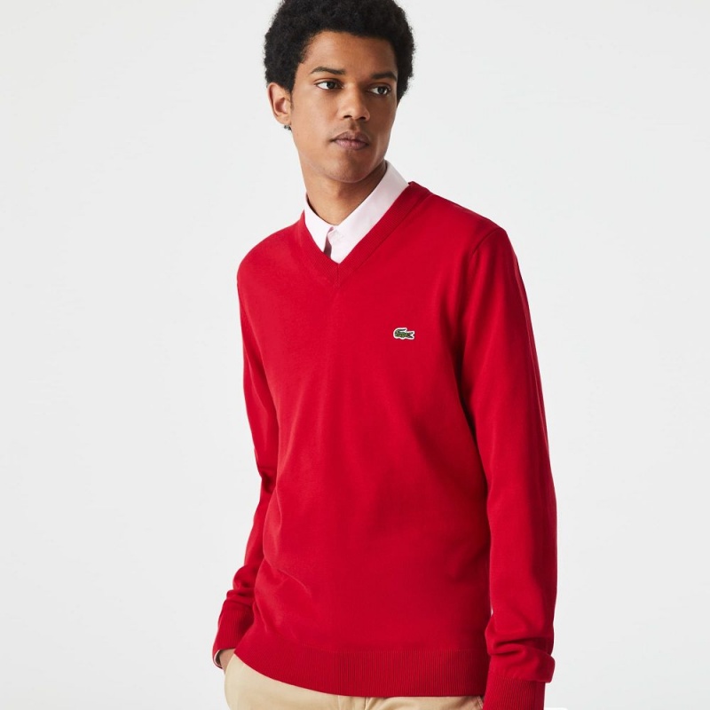 Men's Lacoste V-Neck Organic Cotton Sweater Red | OHN035968