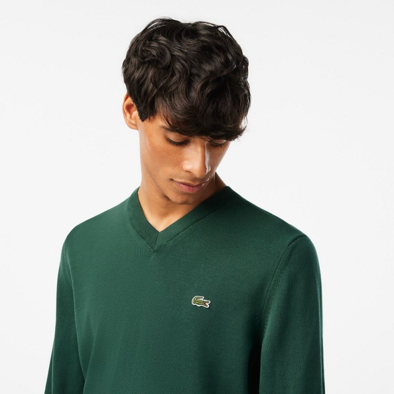 Men's Lacoste V-Neck Organic Cotton Sweater Forest green | BUT234670