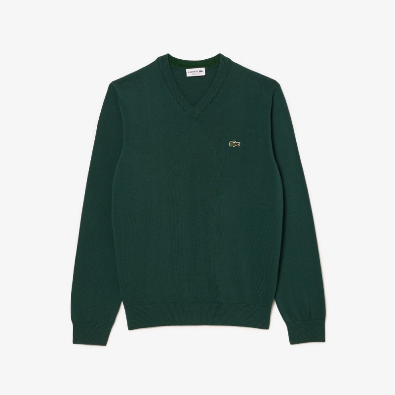 Men's Lacoste V-Neck Organic Cotton Sweater Forest green | BUT234670