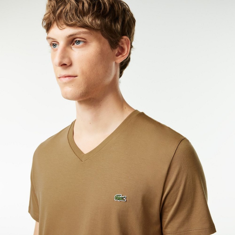 Men's Lacoste V-Neck Pima Cotton Jersey T-Shirt Brown | LDP479528