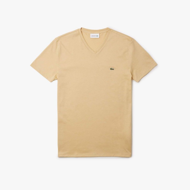 Men\'s Lacoste V-Neck Pima Cotton Jersey T-Shirt Beige | ADS031298