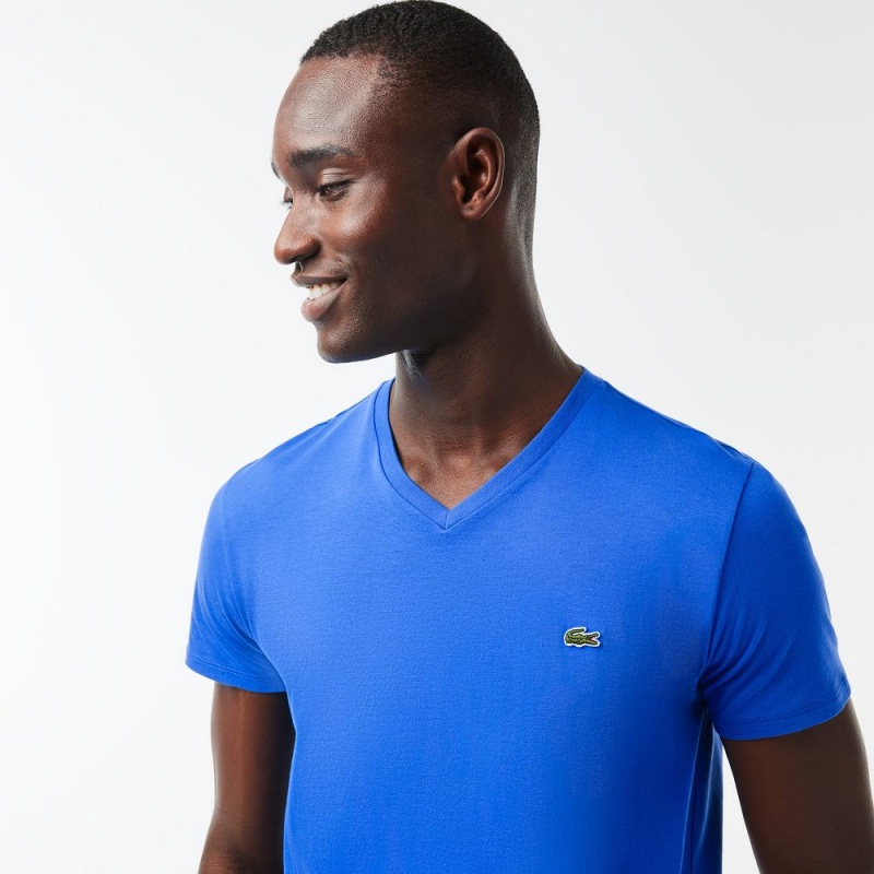 Men's Lacoste V-Neck Pima Cotton Jersey T-Shirt Blue | CZH169734