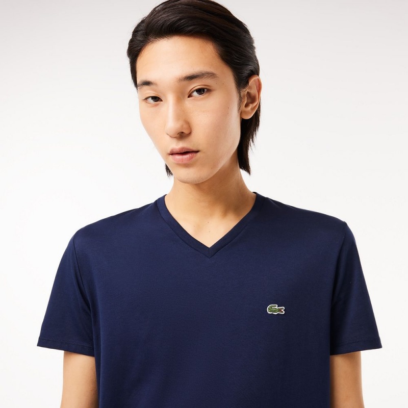 Men's Lacoste V-Neck Pima Cotton Jersey T-Shirt Navy Blue | CYT839750