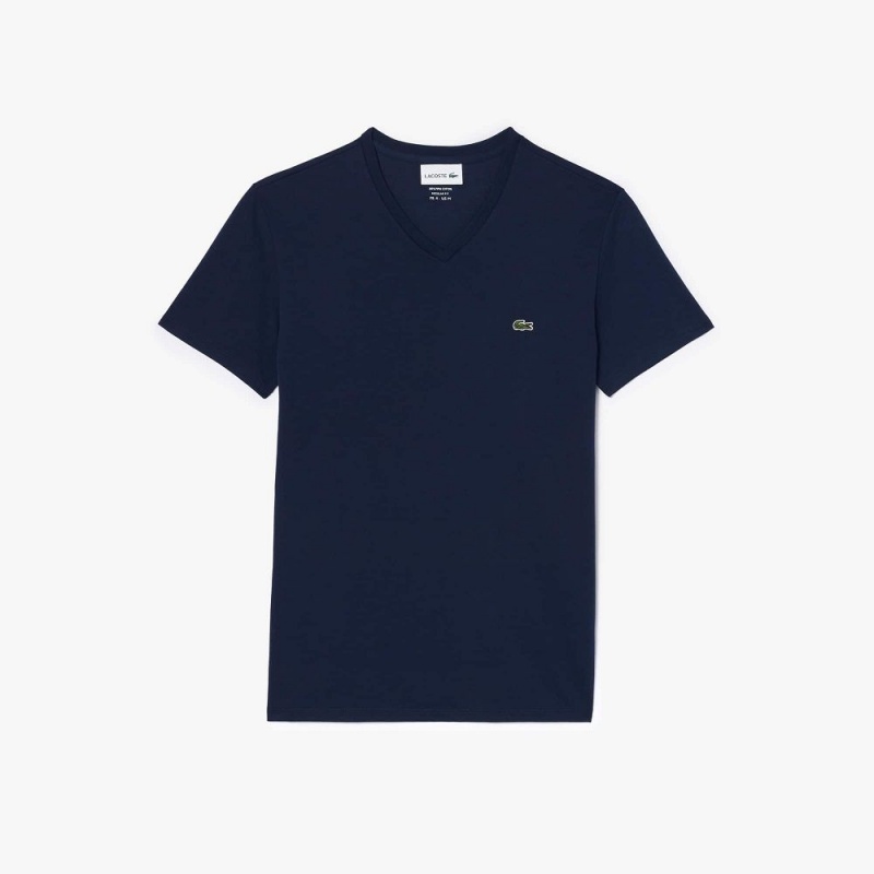 Men's Lacoste V-Neck Pima Cotton Jersey T-Shirt Navy Blue | CYT839750