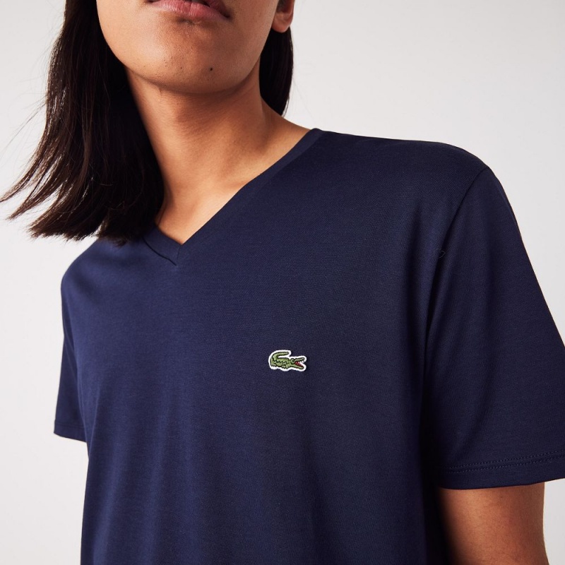 Men's Lacoste V-Neck Pima Cotton Jersey T-Shirt Navy Blue | CYT839750