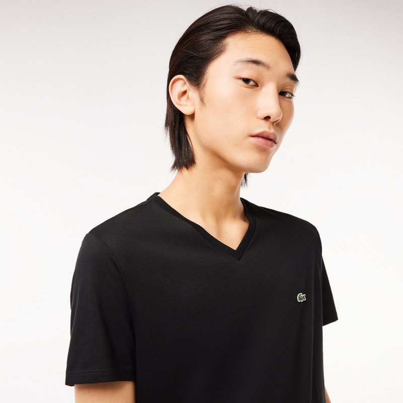 Men's Lacoste V-Neck Pima Cotton Jersey T-Shirt Black | UIR326197