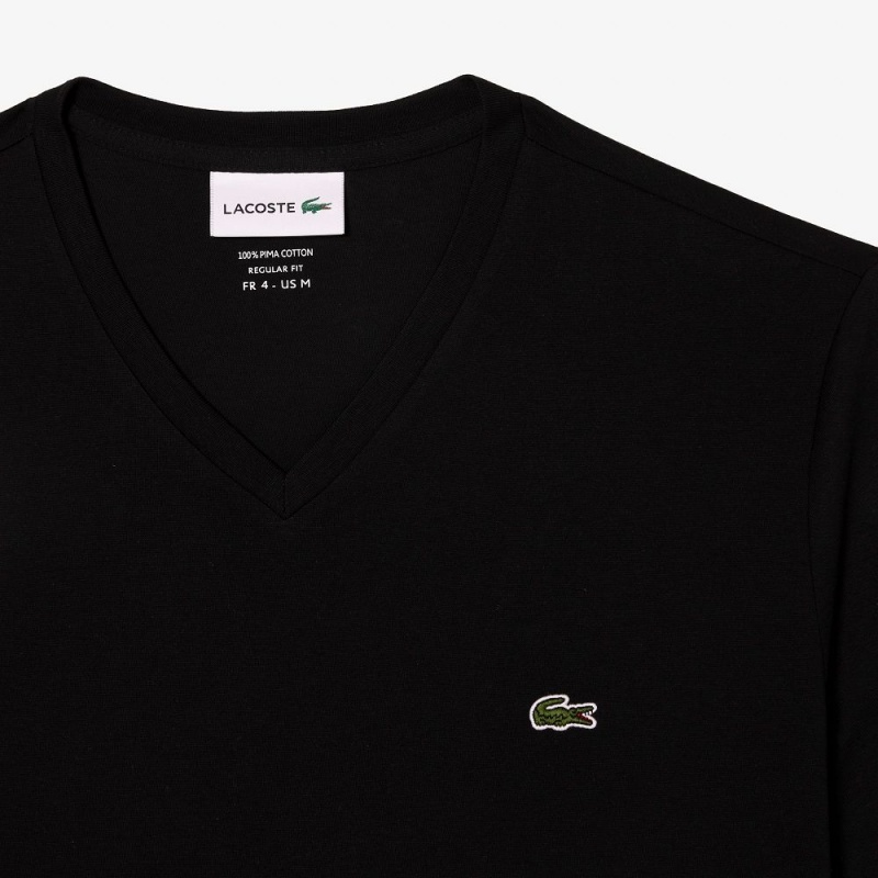 Men's Lacoste V-Neck Pima Cotton Jersey T-Shirt Black | UIR326197