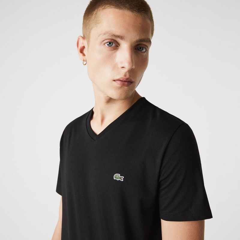 Men's Lacoste V-Neck Pima Cotton Jersey T-Shirt Black | UIR326197