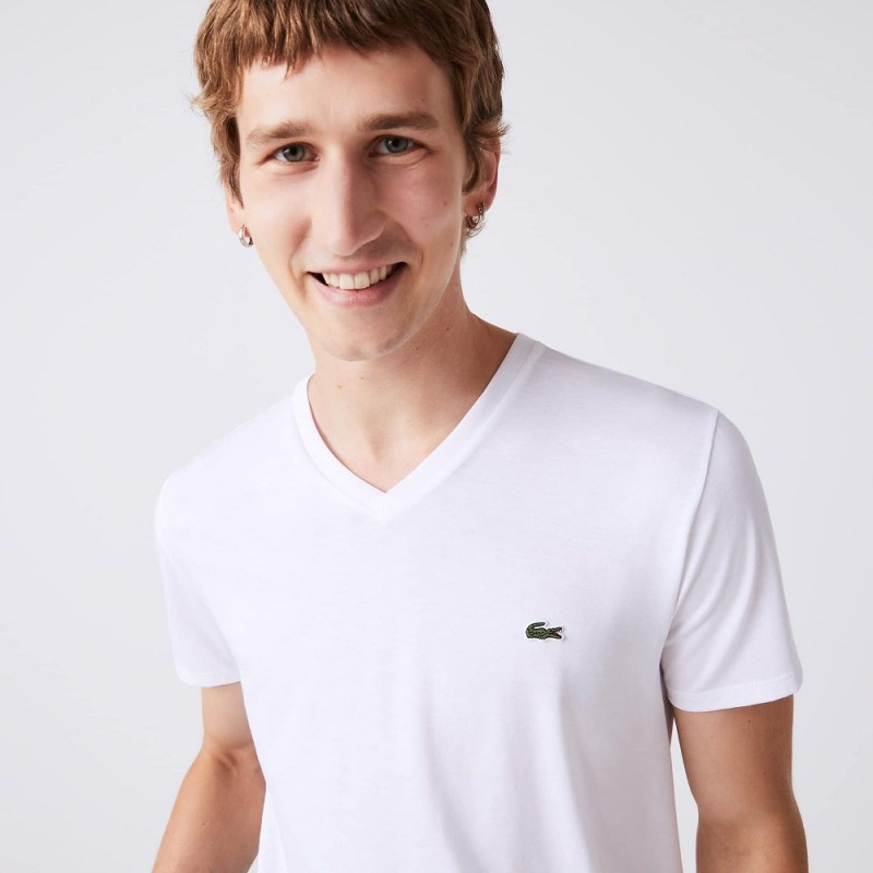 Men's Lacoste V-Neck Pima Cotton Jersey T-Shirt White | NQB649157