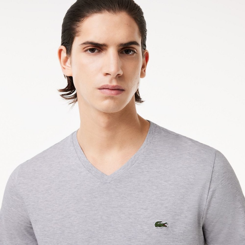 Men's Lacoste V-Neck Pima Cotton Jersey T-Shirt Grey Chine | DHY328759