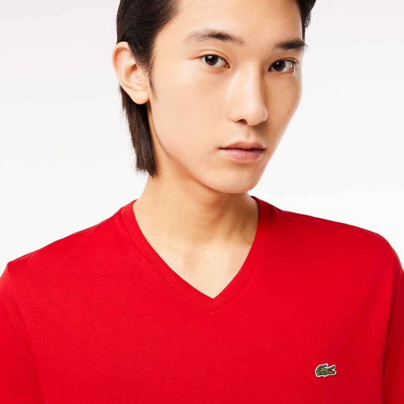 Men's Lacoste V-Neck Pima Cotton Jersey T-Shirt Red | TDY120734