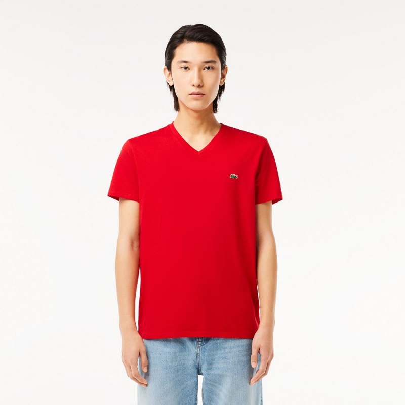 Men\'s Lacoste V-Neck Pima Cotton Jersey T-Shirt Red | TDY120734