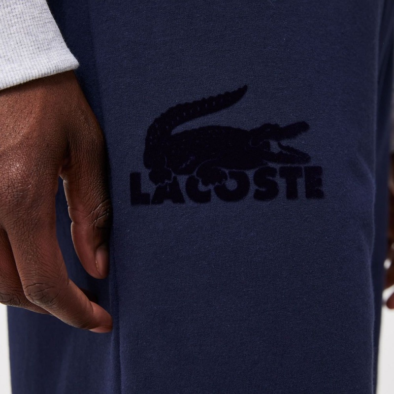 Men's Lacoste Velour Crocodile Cotton Fleece Lounge Shorts Navy Blue | VSE297451