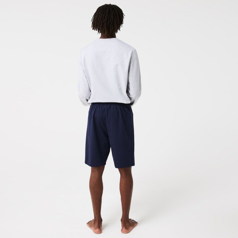 Men's Lacoste Velour Crocodile Cotton Fleece Lounge Shorts Navy Blue | VSE297451