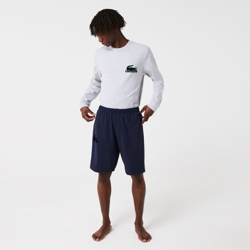 Men's Lacoste Velour Crocodile Cotton Fleece Lounge Shorts Navy Blue | VSE297451