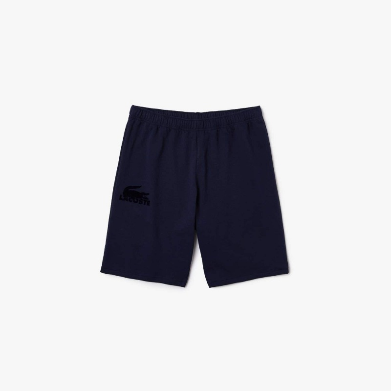 Men's Lacoste Velour Crocodile Cotton Fleece Lounge Shorts Navy Blue | VSE297451