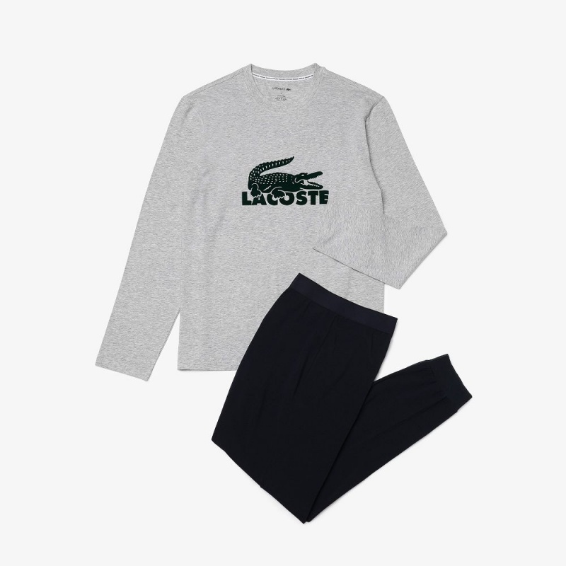 Men's Lacoste Velvet Logo Long Set Pajamas Navy Blue Grey Chine Green | ATP149836