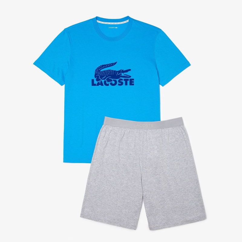 Men's Lacoste Velvet Logo Set Pajamas Blue Grey Chine | KMI516902