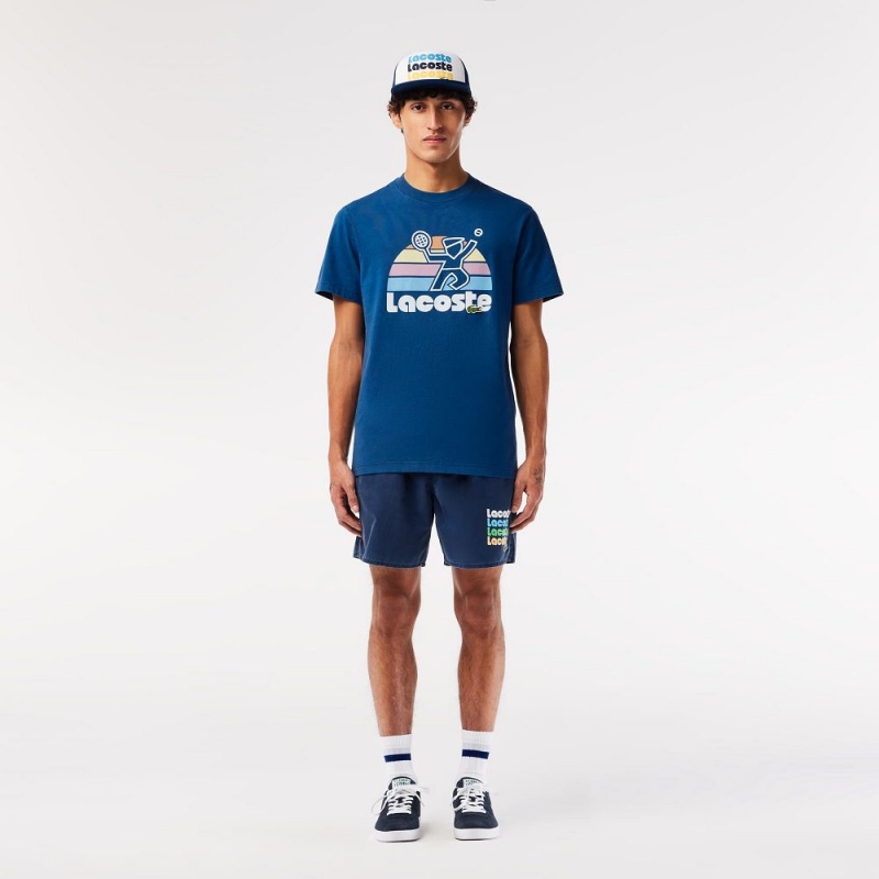 Men's Lacoste Washed Effect Tennis Print T-Shirt Blue | SRG489012