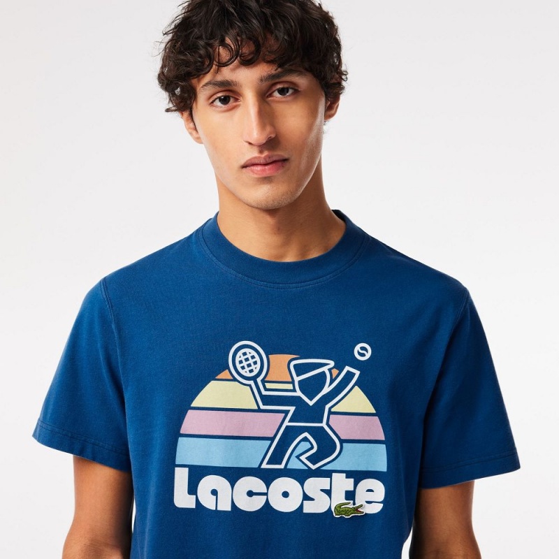 Men's Lacoste Washed Effect Tennis Print T-Shirt Blue | SRG489012