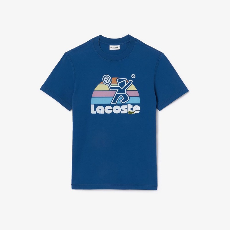 Men's Lacoste Washed Effect Tennis Print T-Shirt Blue | SRG489012