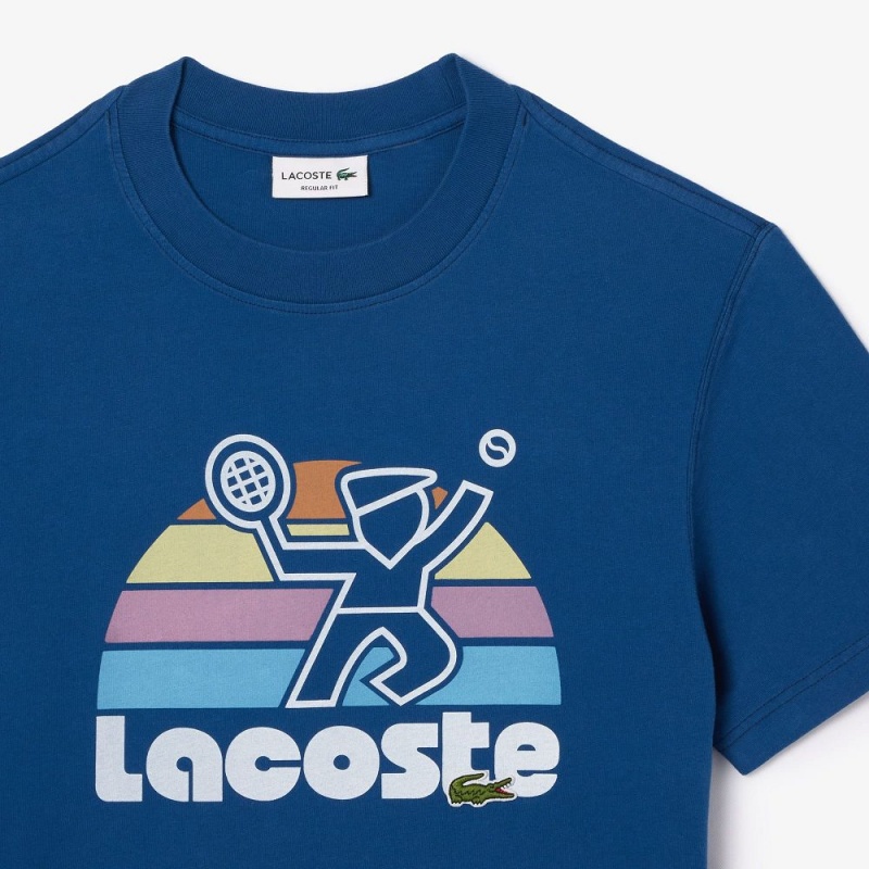 Men's Lacoste Washed Effect Tennis Print T-Shirt Blue | SRG489012