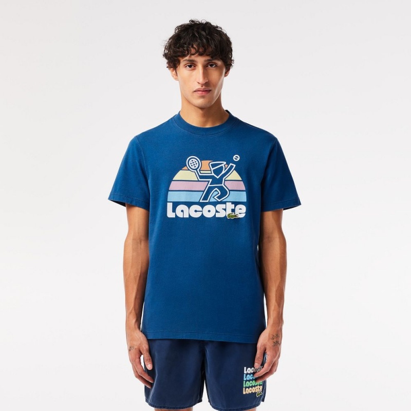 Men\'s Lacoste Washed Effect Tennis Print T-Shirt Blue | SRG489012