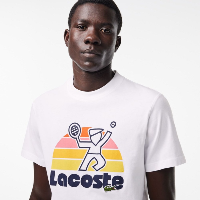 Men's Lacoste Washed Effect Tennis Print T-Shirt White | GPY410329