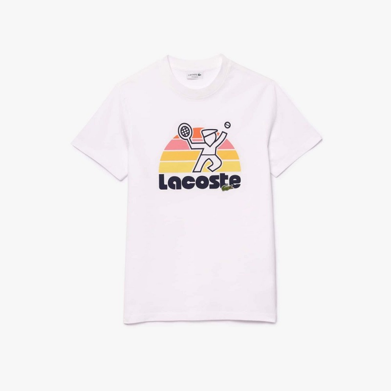 Men's Lacoste Washed Effect Tennis Print T-Shirt White | GPY410329