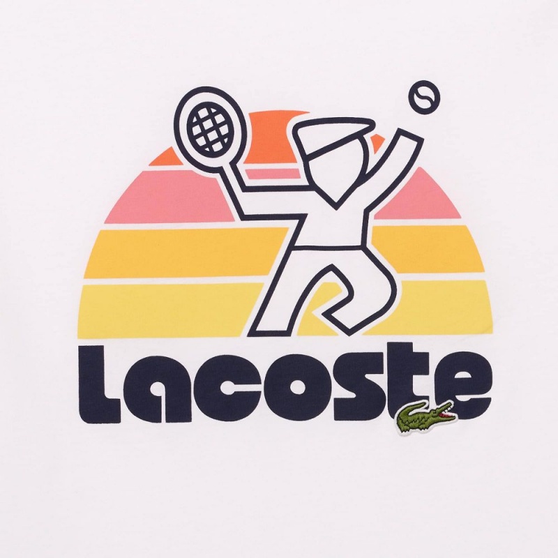 Men's Lacoste Washed Effect Tennis Print T-Shirt White | GPY410329