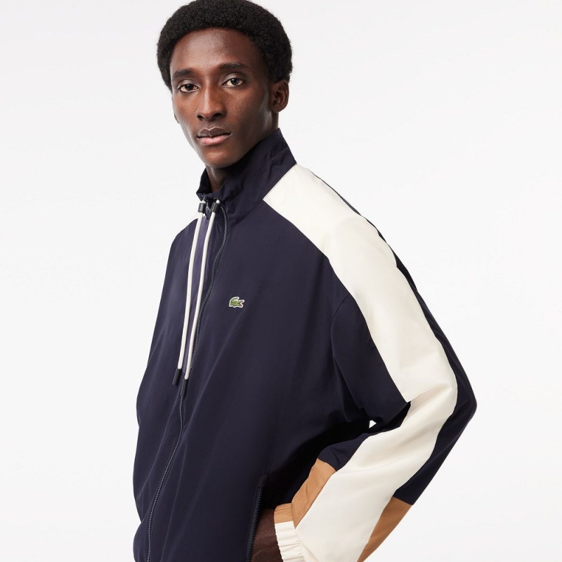 Men's Lacoste Water Resistant Colorblock Zip-Up Jackets Navy Blue Brown White | PBV346507