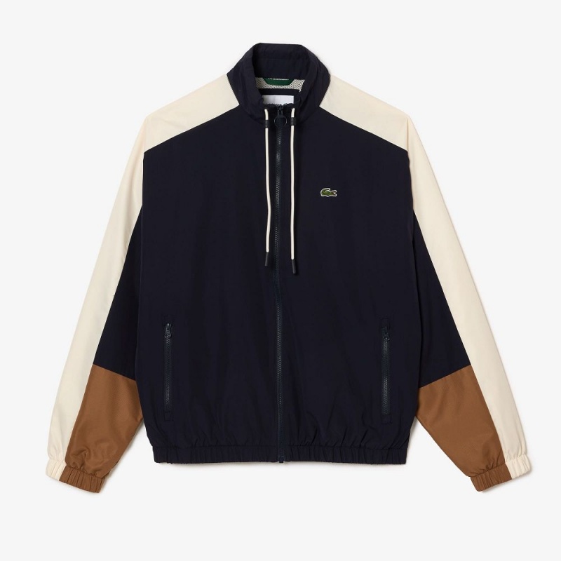 Men's Lacoste Water Resistant Colorblock Zip-Up Jackets Navy Blue Brown White | PBV346507