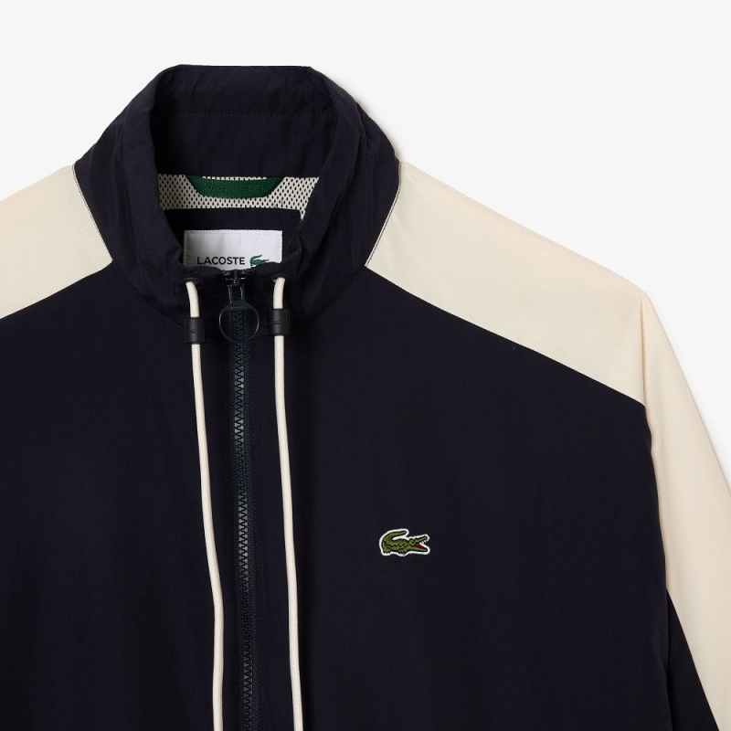 Men's Lacoste Water Resistant Colorblock Zip-Up Jackets Navy Blue Brown White | PBV346507