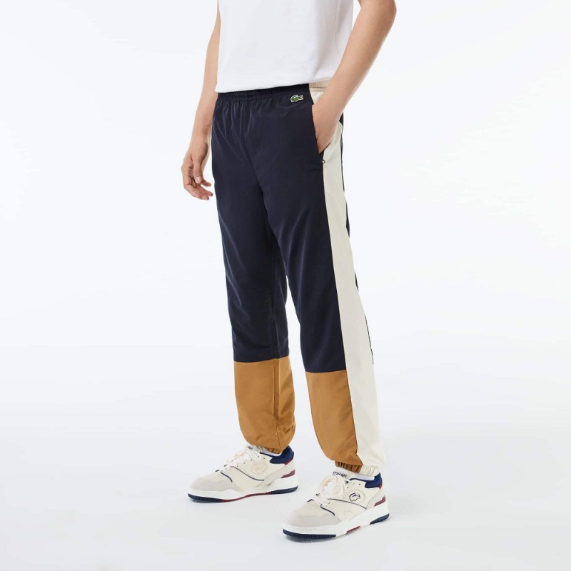 Men's Lacoste Waterproof Colorblock Sweatpants Navy Blue Brown White | YWN047592