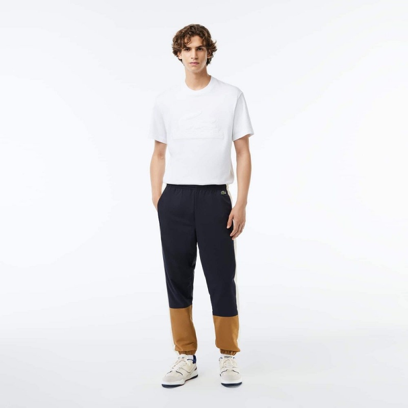 Men\'s Lacoste Waterproof Colorblock Sweatpants Navy Blue Brown White | YWN047592