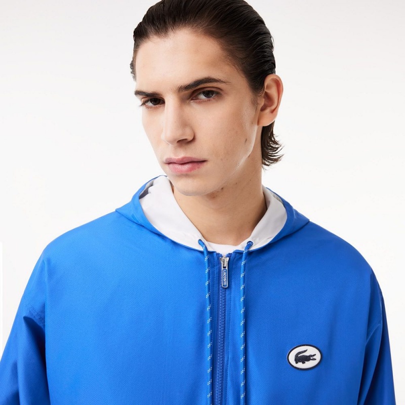 Men's Lacoste Waterproof Zip-Up Track Jackets Blue White | GEB470591