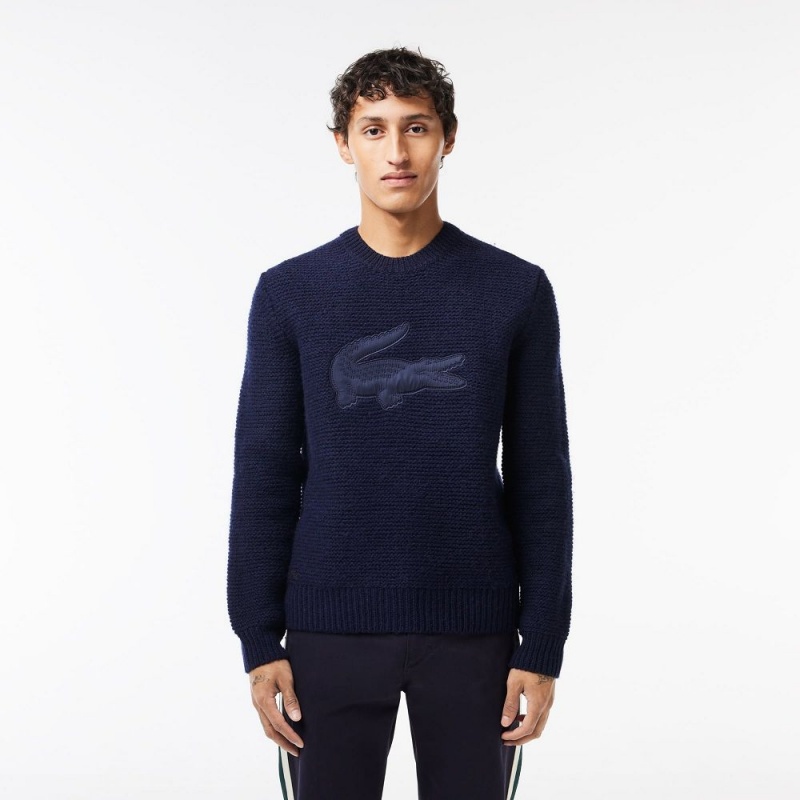 Men\'s Lacoste Wool with Quilted Croc Badge Sweater Abysm blue | LSP430156