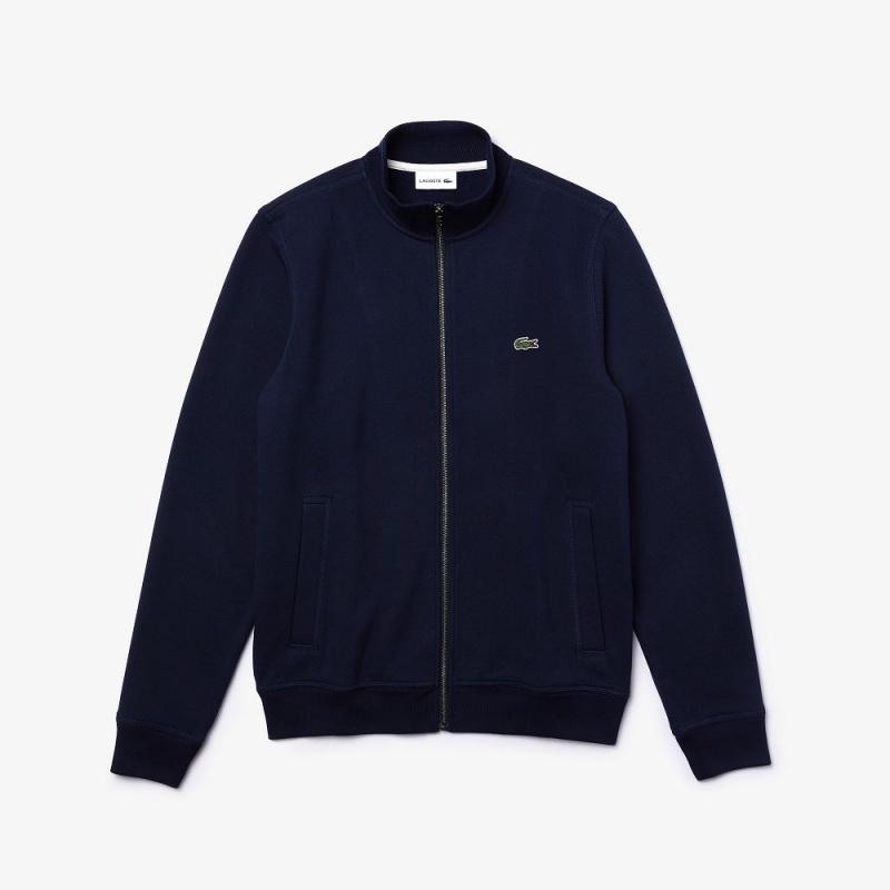 Men's Lacoste Zip-Up Piqué Fleece Jackets Navy Blue | KIH628054