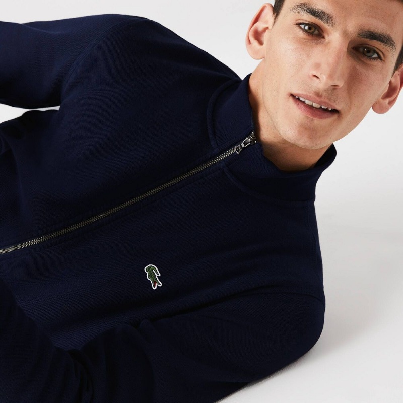 Men's Lacoste Zip-Up Piqué Fleece Jackets Navy Blue | KIH628054