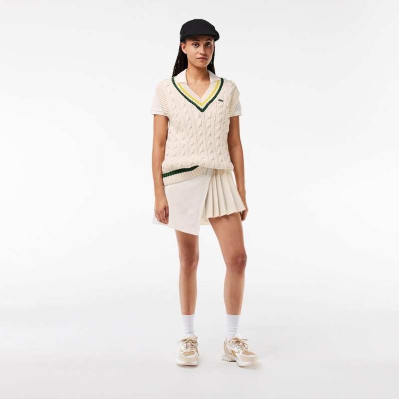 Women's Lacoste Cable Knit Contrast Trim V-Neck Vest Sweater White Green Yellow | ARY485763