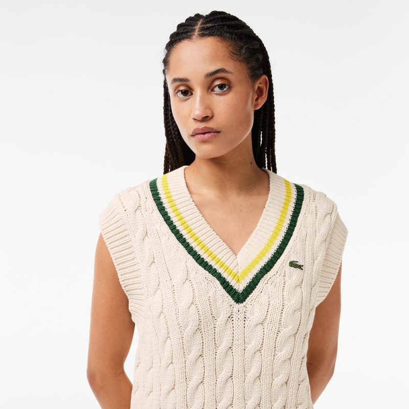 Women's Lacoste Cable Knit Contrast Trim V-Neck Vest Sweater White Green Yellow | ARY485763