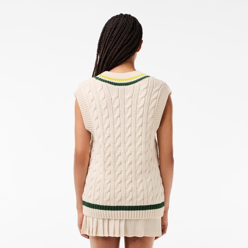 Women's Lacoste Cable Knit Contrast Trim V-Neck Vest Sweater White Green Yellow | ARY485763